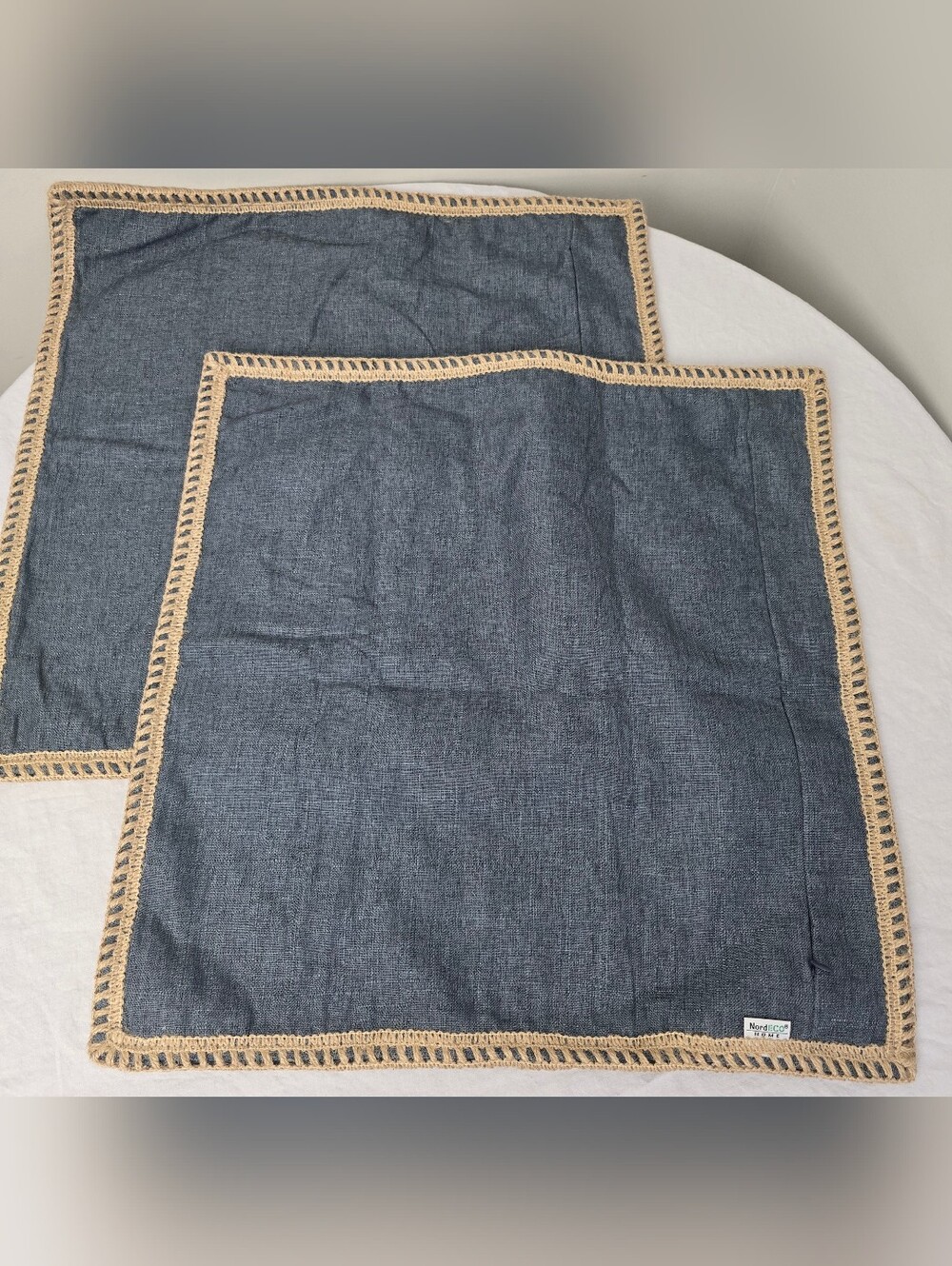 2 NordECO HOME 20x20 Farmhouse Throw Pillow Covers Blue Burlap Linen